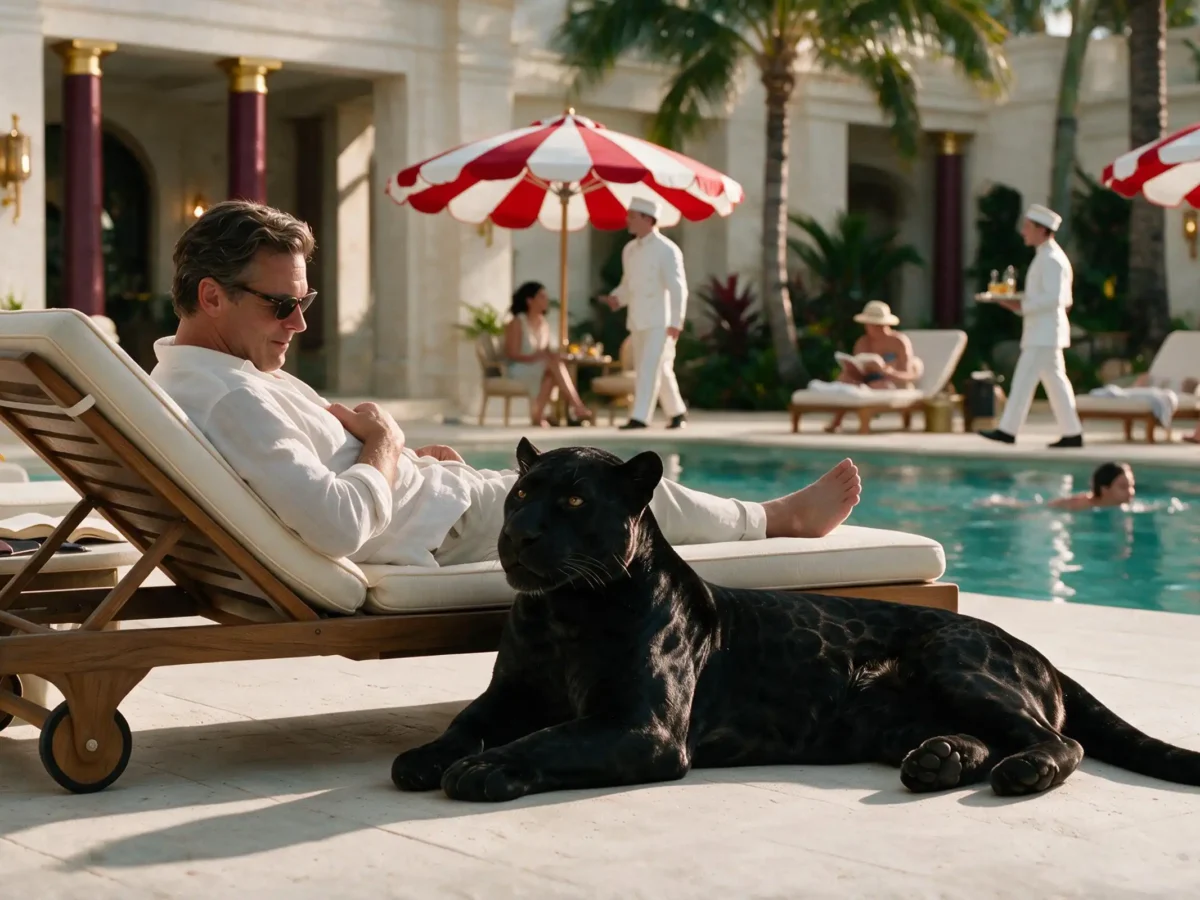 Black panther resting beside the pool at Faena Miami.