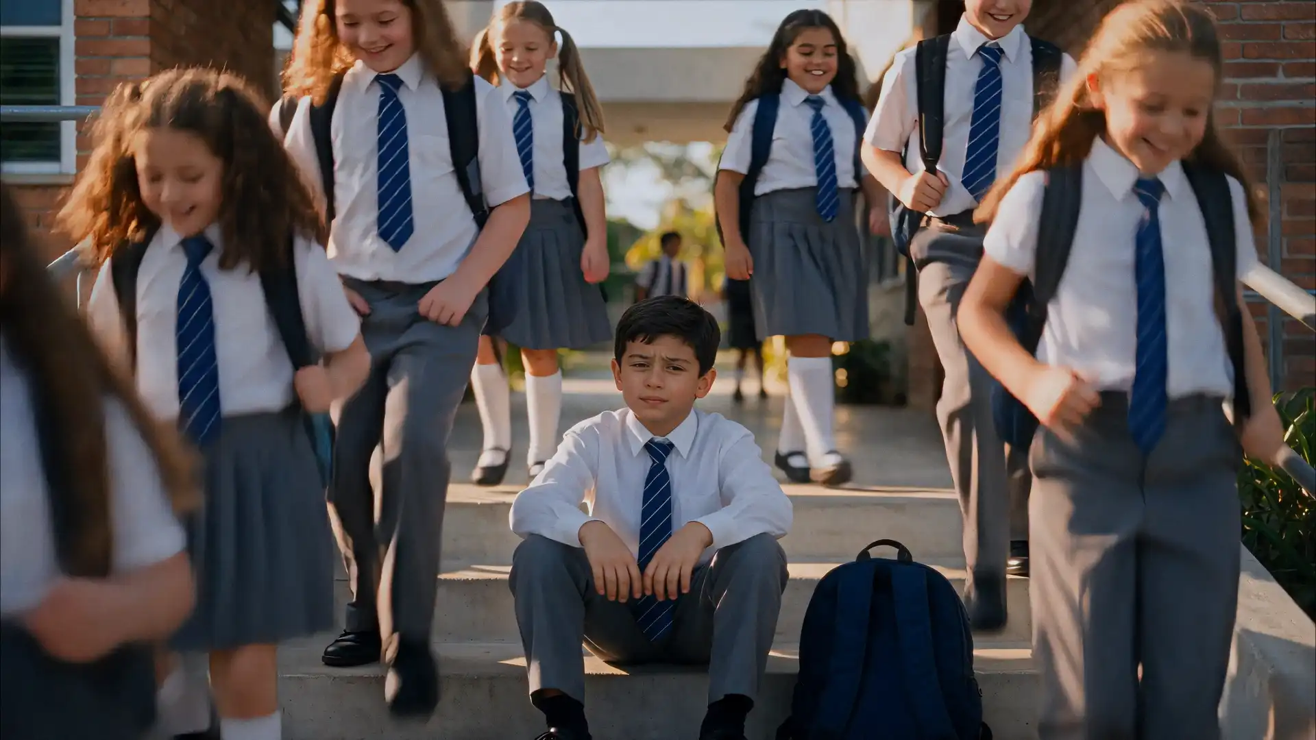 Chía Plus — Pequeños Olvidos. Child waiting outside school among students.