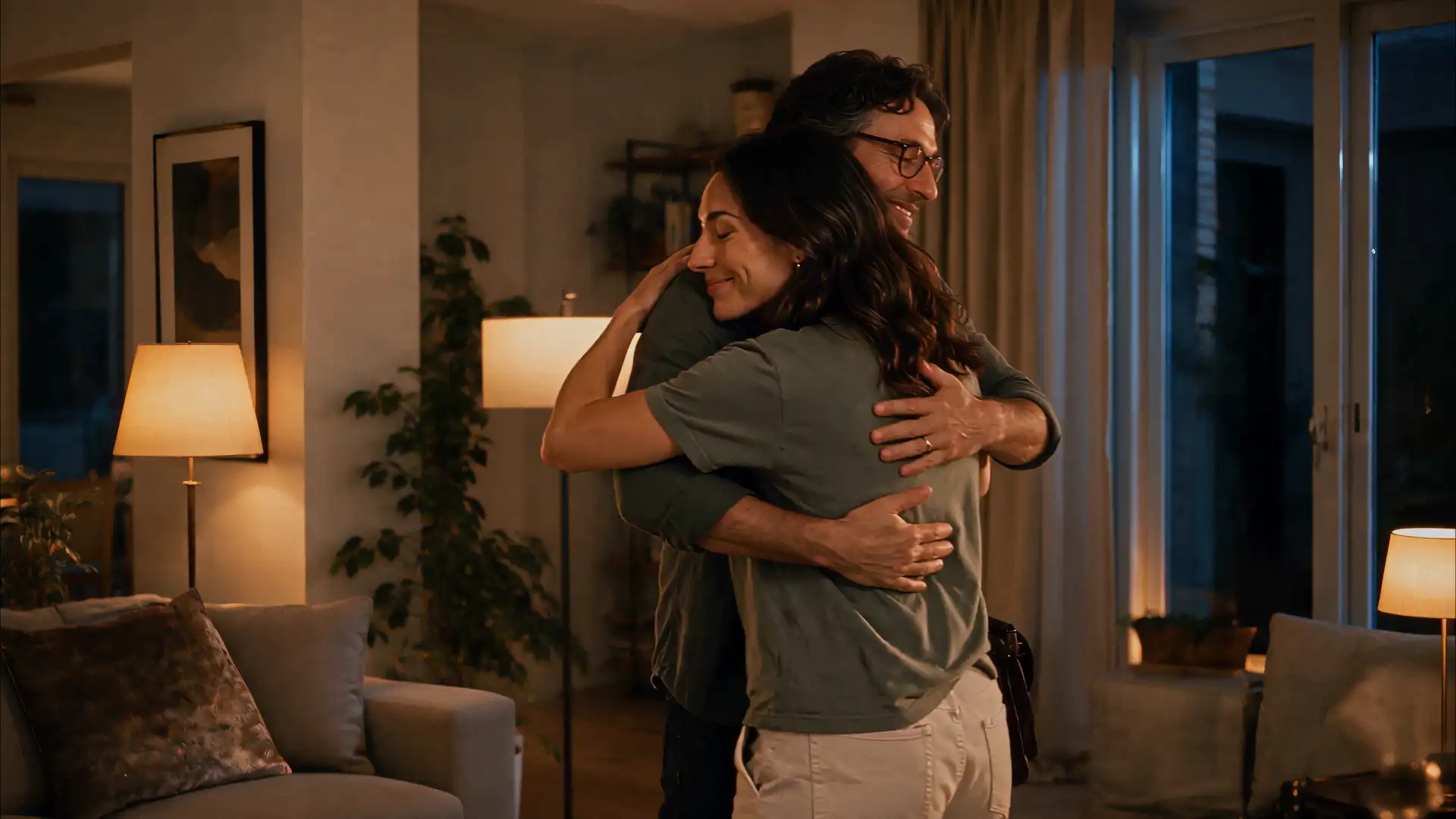 Chía Plus — Pequeños Olvidos. Couple embracing at home.