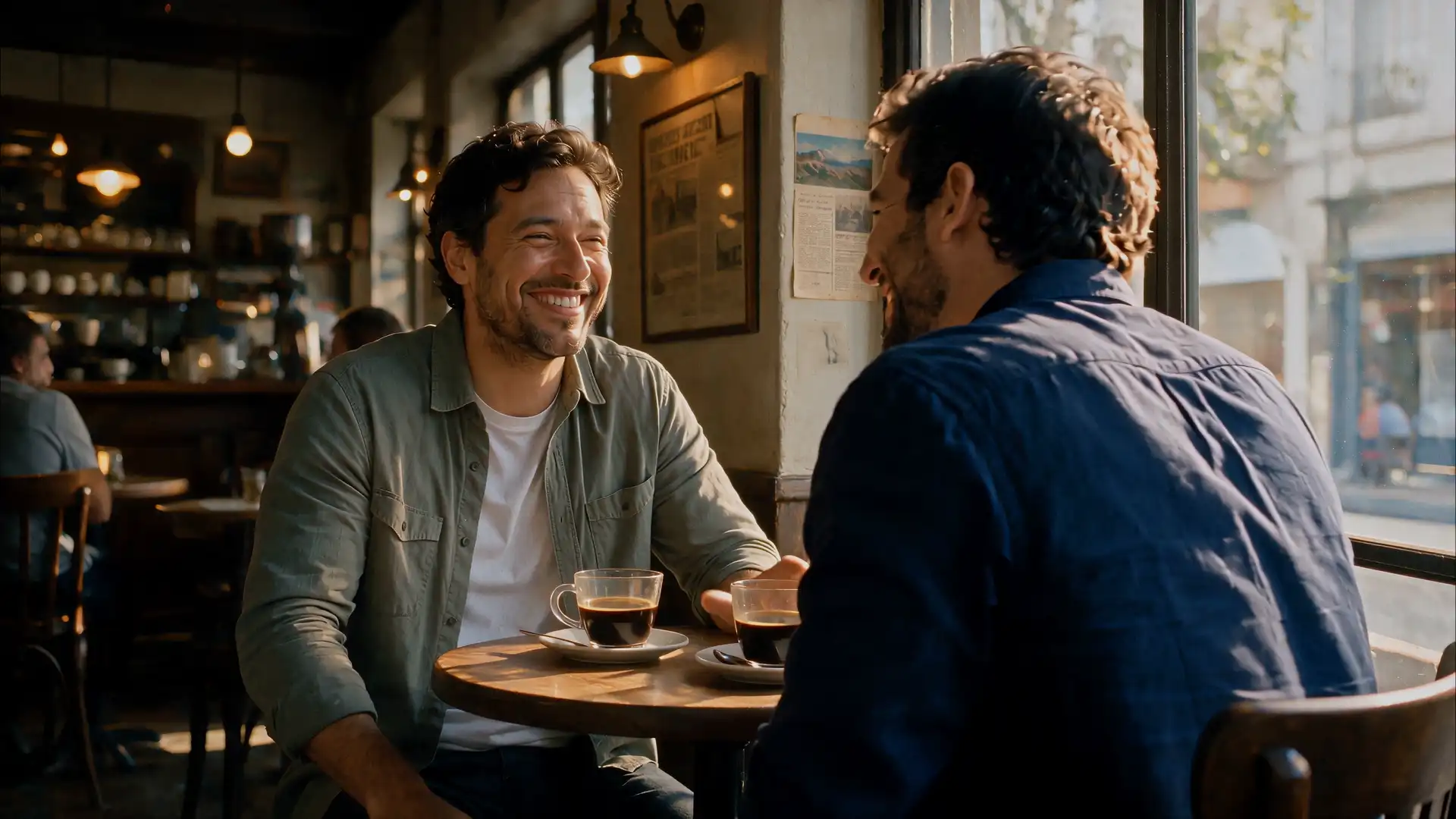 Chía Plus — Pequeños Olvidos. Two men sharing coffee.